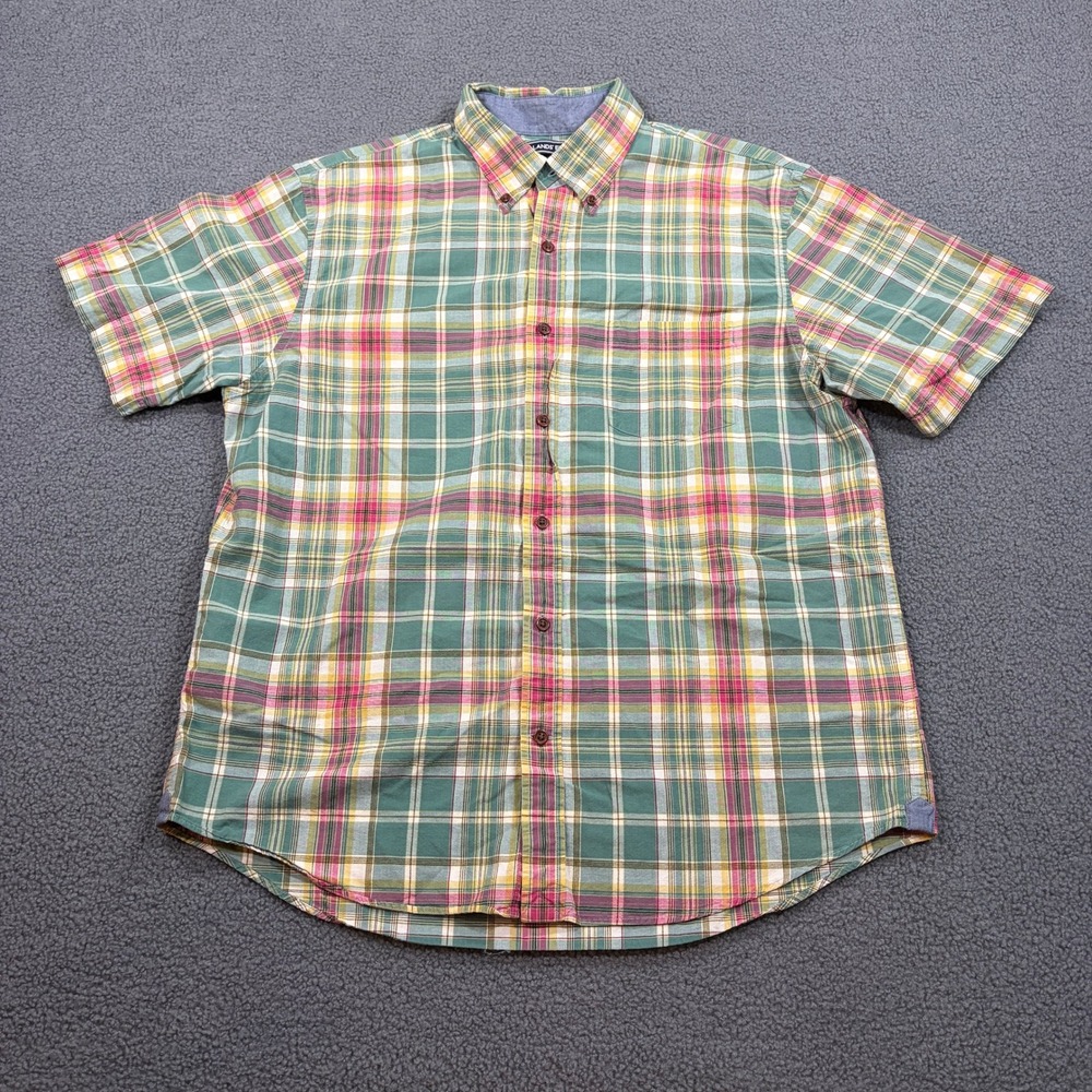 Lands End Shirt Mens L Green Plaid Traditional Fit Short Sleeve Button Down 8501